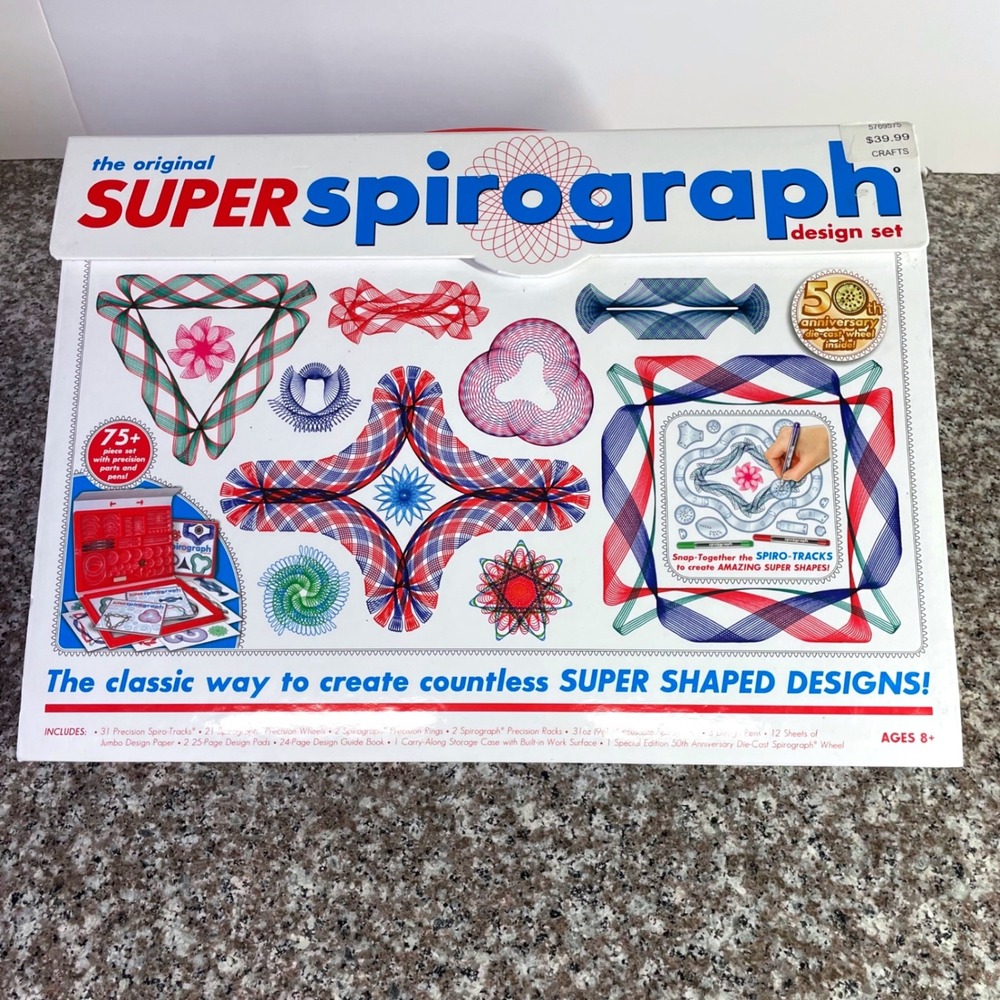 Super Spirograph 50th Anniversary Design Set Kahootz 75+ Pc Gold Wheel *READ